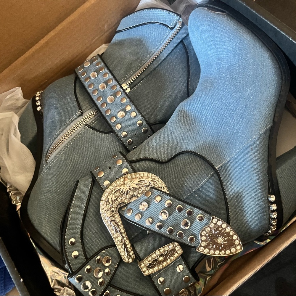 Studded Denim Western Boots